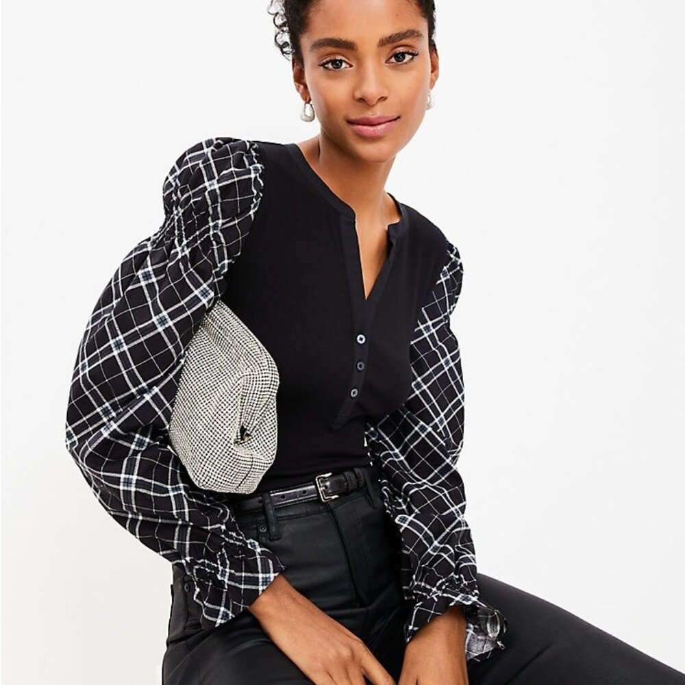 LOFT Black Top with Black & White Plaid Puff Sleeves